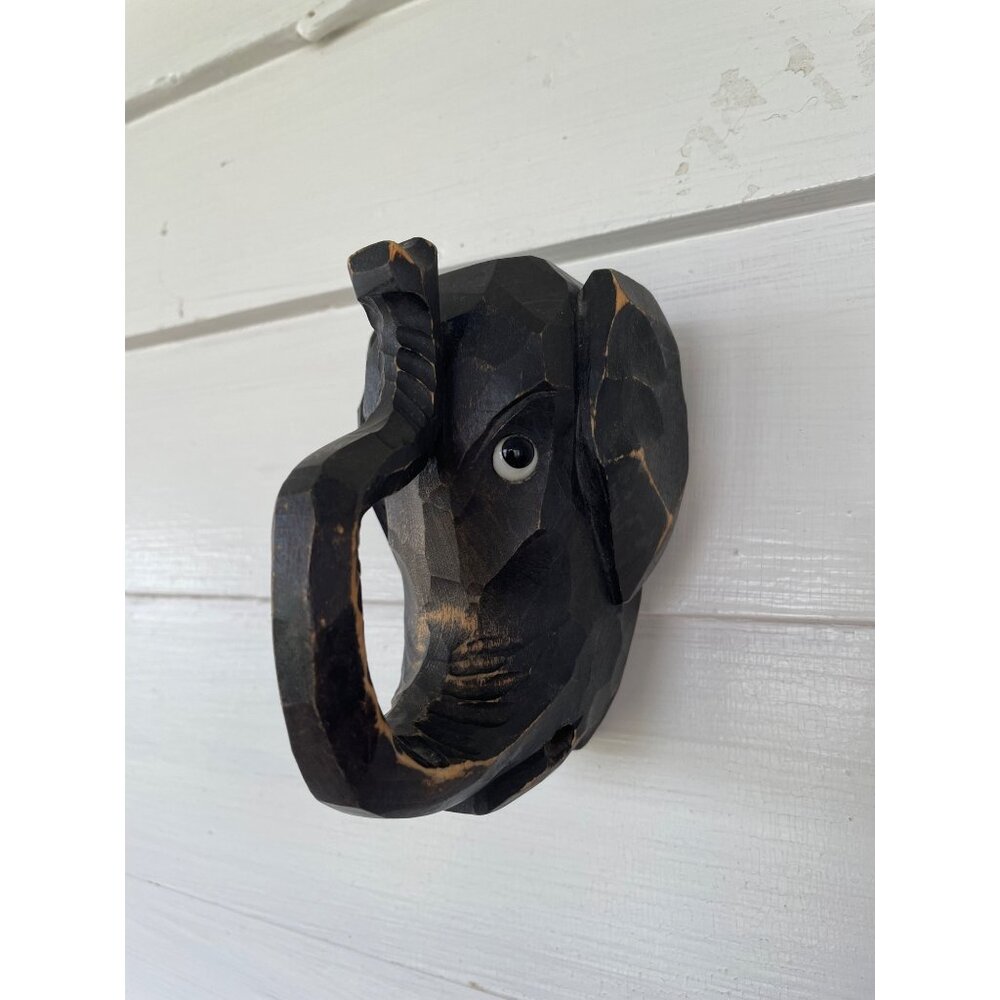 Vintage Germany Wood Hand Carved Elephant Head Wall Hanging Glass Eyes